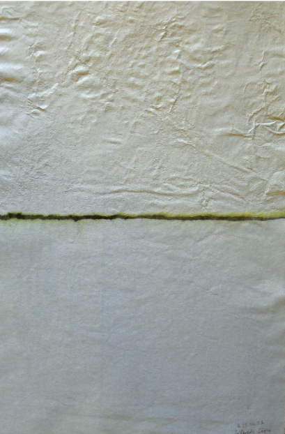 Empreinte rocher sur papier japonais, encre de chine sépia, eau de mer © Denis Gibelin